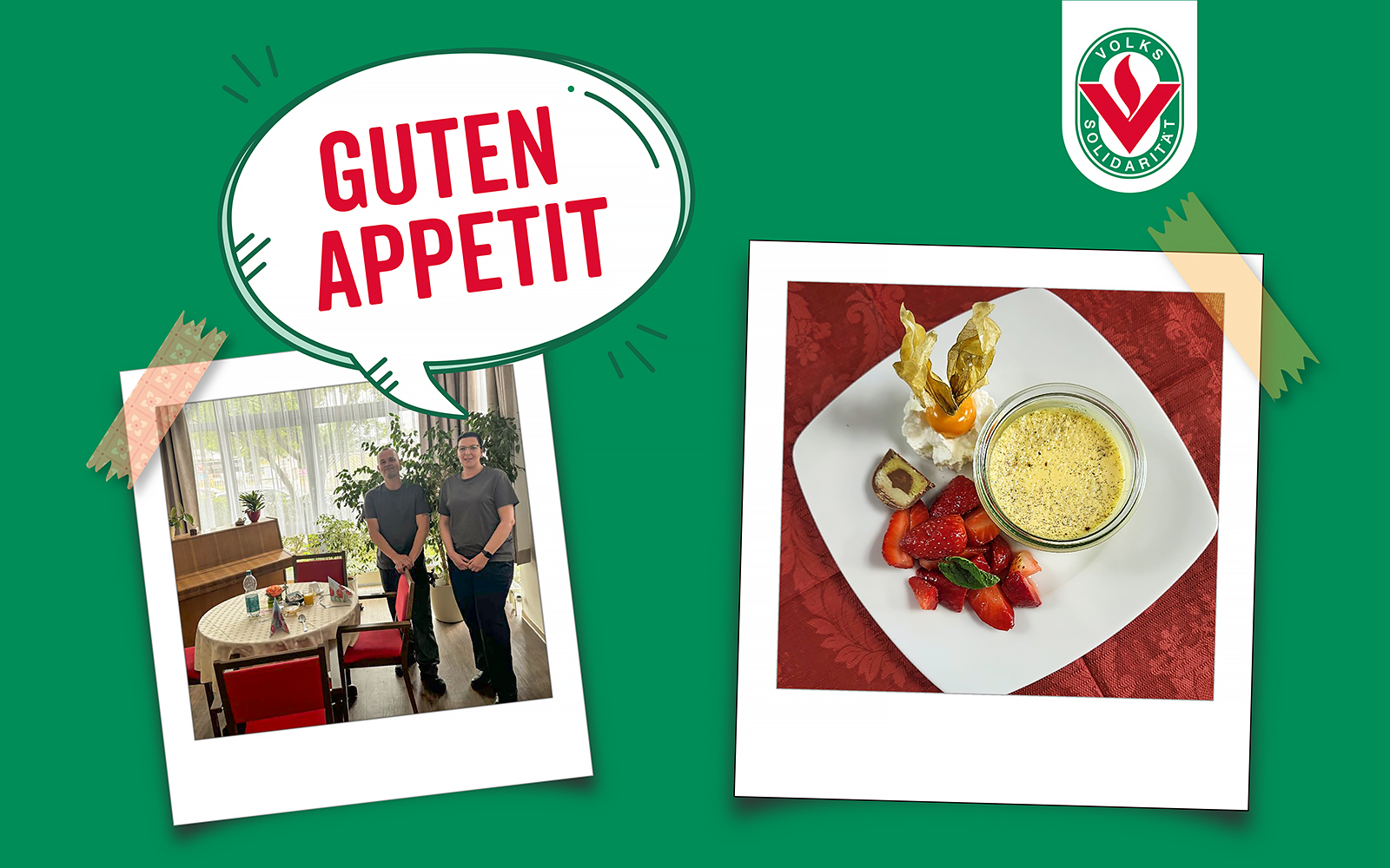 Küchenleiter Marco Zaspel zauberte mit seinem Team ein 3-Gänge-Menü für die Bewohner:innen unseres Altenpflegeheims „Sonnenschein“. Diese köstliche Pannacotta gab es als Dessert (Collage mit Fotos von Marco Zaspel und Steffi Vogel).