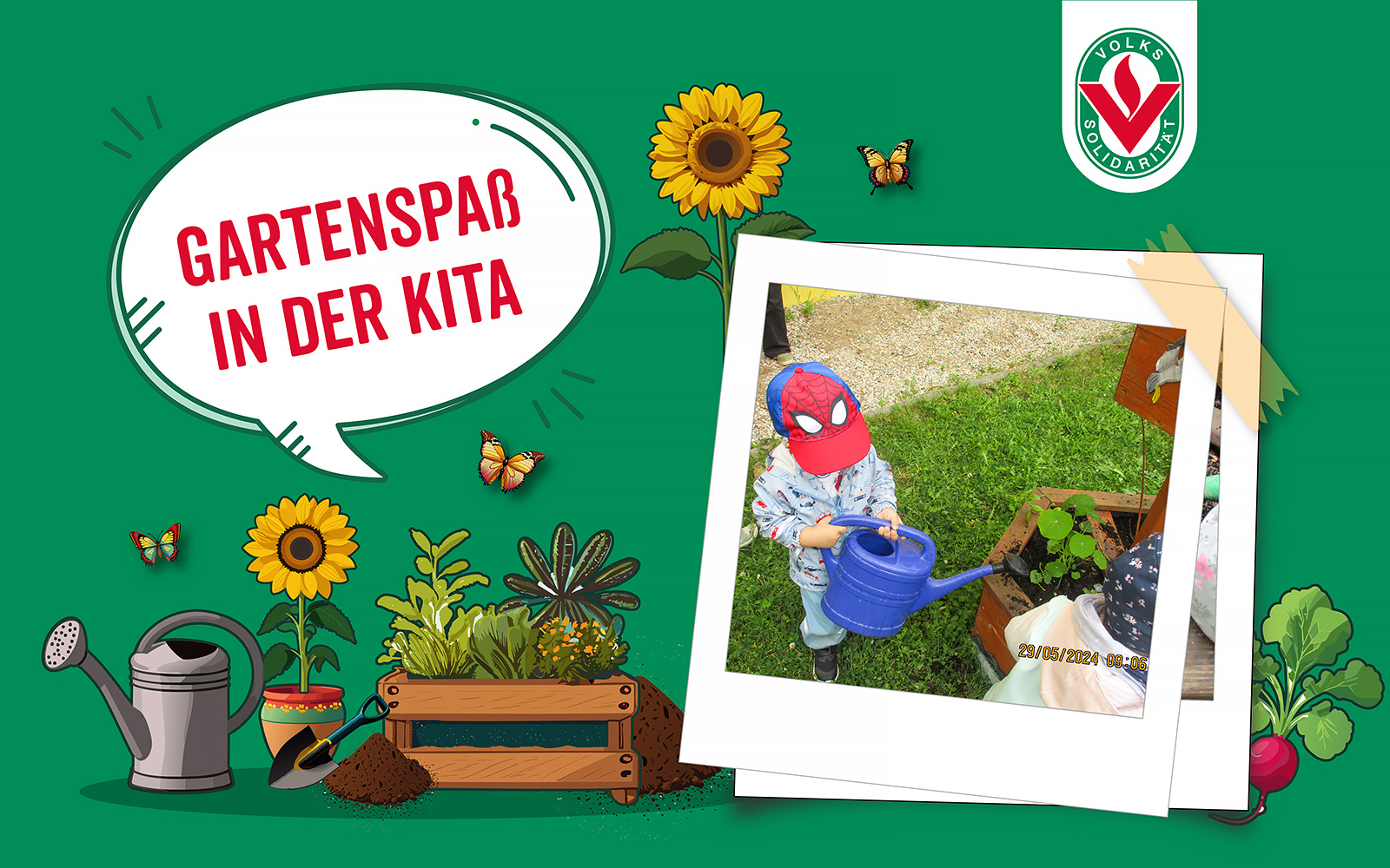 Die Kinder unserer Kita "Haus Sonnenblume" waren im Garten fleißig und haben Beete bepflanzt (Collage mit Foto (c) Andrea Büttner und KI-Grafiken von Adobe Firefly).