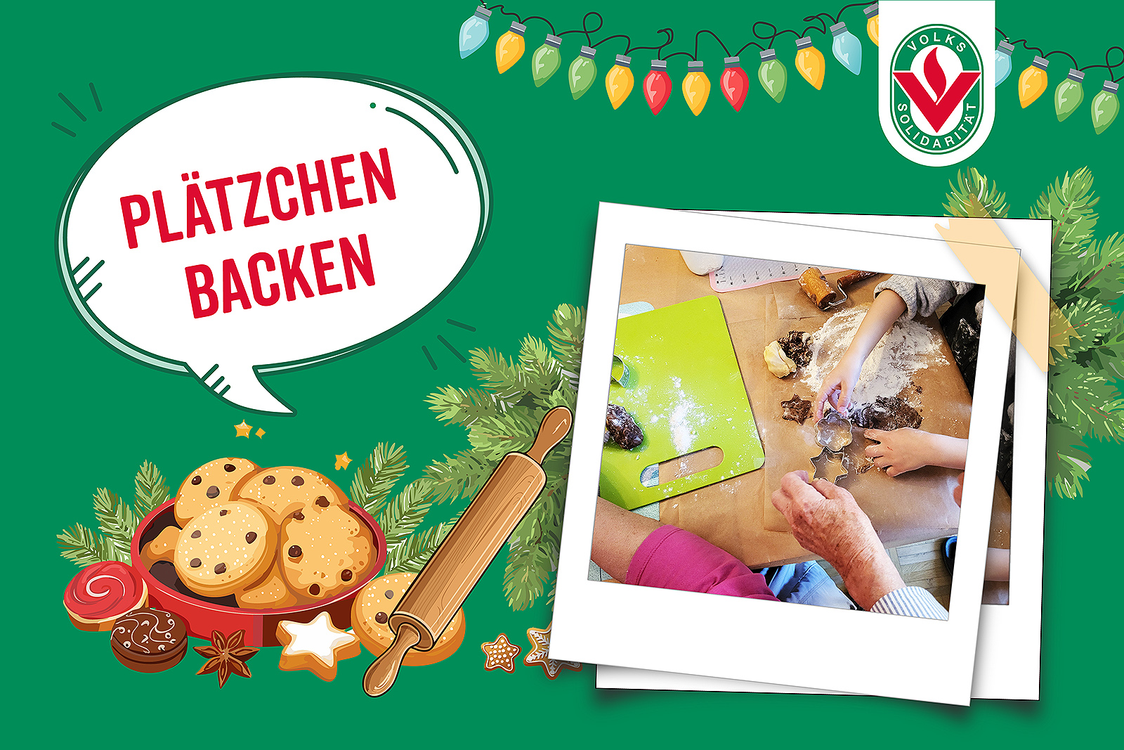 Beim gemeinsamen Plätzchenbacken hatten unsere Kinder der "BG 17"und Bewohner:innen des "Betreuten Wohnens zu Hause" viel Freude (Foto: Jasmin Venckus, Collage mit KI generierten Grafiken).