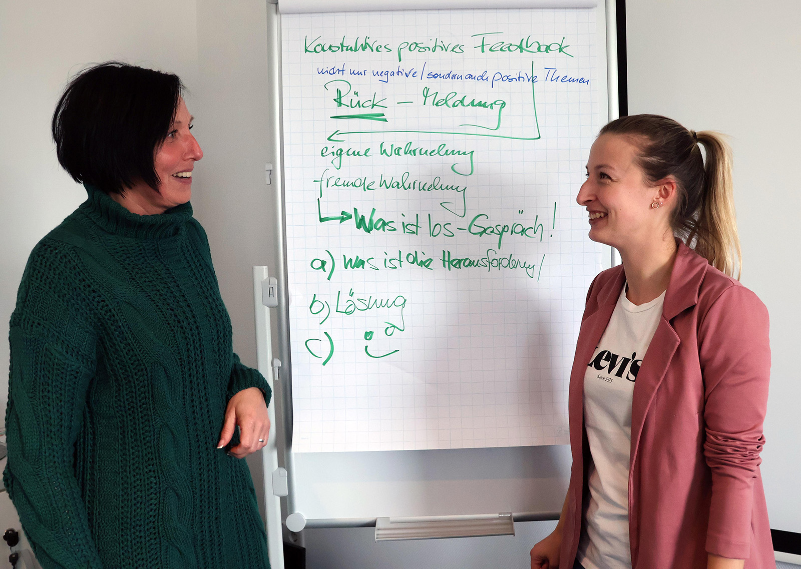 Anita Fleischer (l.), Pflegedienstleiterin der Sozialstation Alt-West, und Jessica Jentsch, stellvertretende Pflegedienstleiterin im Altenpflegeheim „An den Gärten“ stellen im Rollenspiel ein Alltagsgespräch nach. Foto: Ulrike Gierth