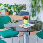 Ein Tisch mit grünen Stühlen, einer Pflanze und Flyern in der Mitte.